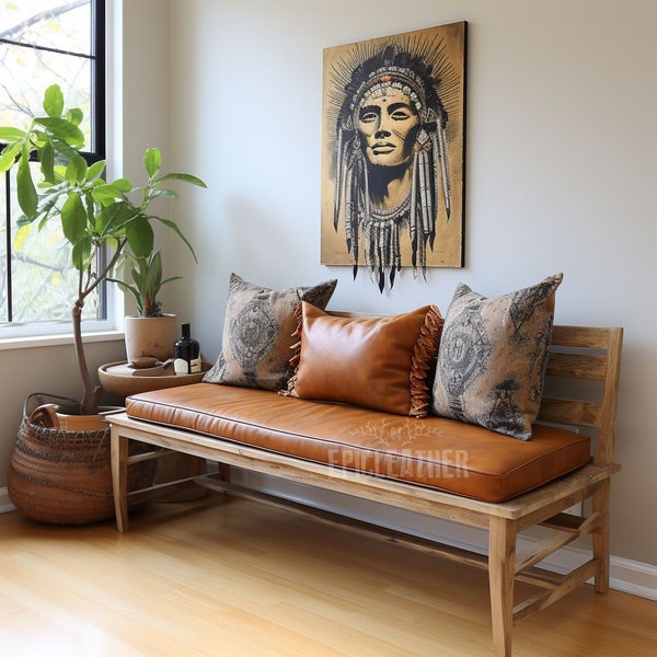 Custom Tan Buffalo Leather Bench Cushion Cover: Handmade, Double Piping or Box Stitch