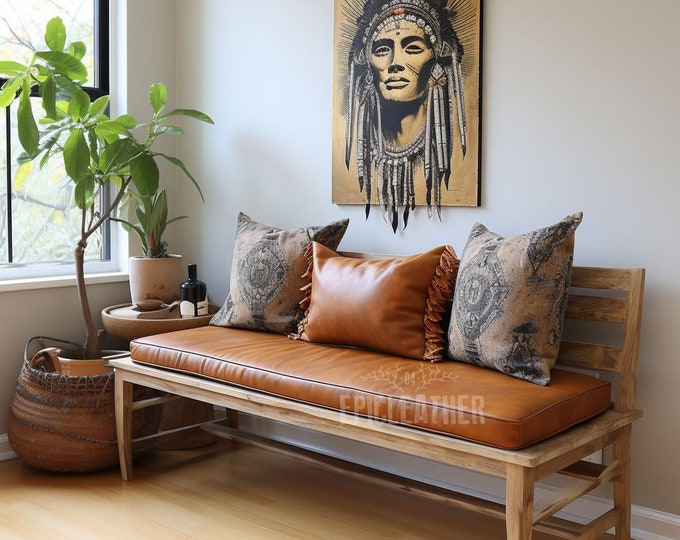 Featured listing image: Custom Tan Leather Bench Cushion Cover – Double Piping or Box Stitch, Genuine Leather, Handmade for Window Seat or Entryway