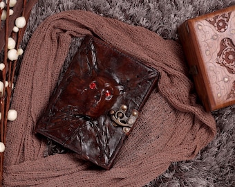 Skull Leather Journal with Lock: Handmade Gothic Spellbook Grimoire