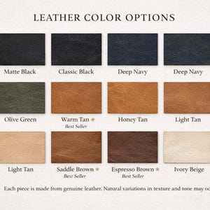 Puede incluir: Imagen que muestra opciones de color de cuero, incluyendo Negro Mate, Negro Clásico y Azul Marino Oscuro. Otros colores incluyen Verde Oliva, Marrón Cálido, Miel, Marrón Claro, Marrón Silla de Montar, Marrón Espresso y Beige Marfil. El texto indica que cada pieza es de cuero genuino.
