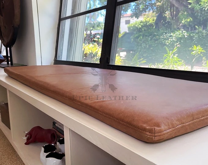 Featured listing image: Custom genuine leather replacement cushion cover . window cushion cover, Ideal for benches, mid-century chairs, Leather Bench Cushion