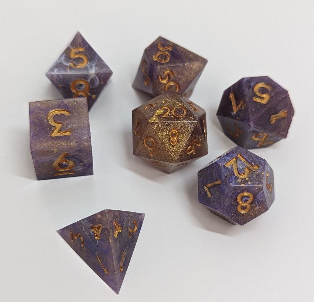 D&D Handmade Dice Set Amethyst Vibe Dice Purple and Gold Marble Dice