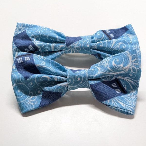 Bow Hair Clips Light Blue Floating Police Box Clips Wibbly Wobbly Bow Timey Wimey Clips Infinity Blue Police Box Bow Geeky Print