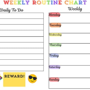 Op de afbeelding: Een kleurrijke wekelijkse routinekaart met secties voor dagelijkse en wekelijkse taken. De kaart bevat de tekst "WEEKLY ROUTINE CHART", "Daily To Do" en "Weekly". Het heeft een "REWARD!" sectie en een smiley met een zonnebril.