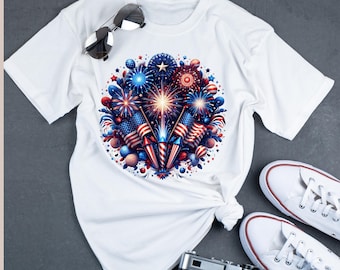 camiseta roja, blanca y azul de fuegos artificiales