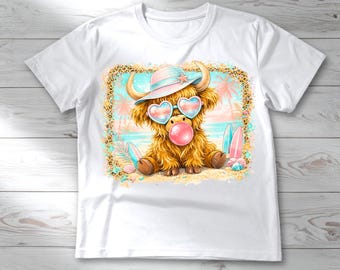 Beach Graphic Tee | Highland Cow Summer Shirt | Funny Cow with Sunglasses T-Shirt | Tropical