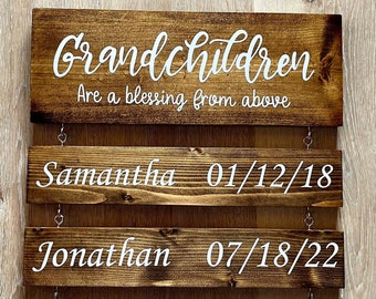 Custom Grandparent Sign with Grandkids Names & Birthdates, Grandchildren are a Blessing from Above Wood Sign, Grandparent Christmas Gift