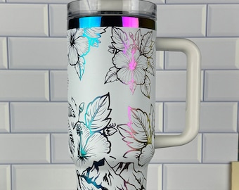Laser Engraved Hibiscus Tumbler, Tropical Hawaii Cup, 40oz