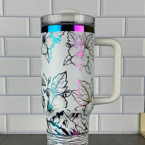 Tropical Ocean Theme 40oz Stanley And Dupe Tumbler, Hibiscus, Hawaii Cup Vacation Water Cup, Gift For Her