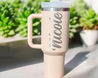 Personalized 40oz Tumbler With Handle, Laser Engraved Name