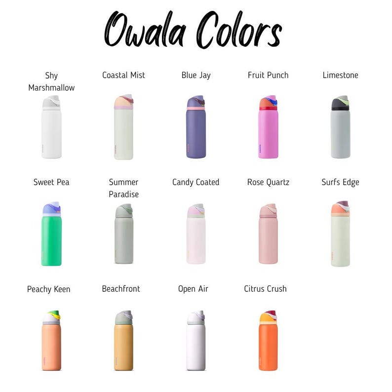 a collection of colorful water bottles, each with a unique color and design, arranged in a grid format.