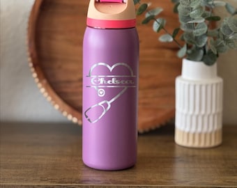 Nurse Owala Bottle Stethoscope Heart | Engraved RN LPN CNA Name Gift Personalized