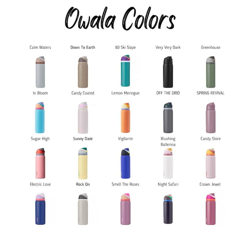a collection of colorful water bottles, each with a unique color and design, arranged in a grid format.