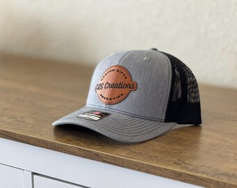 Custom Logo Trucker Hat – Engraved Vegan Leather Patch, Richardson 112