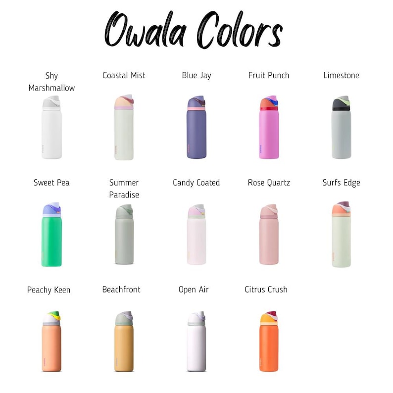 a collection of colorful water bottles, each with a unique color and design, arranged in a grid format.