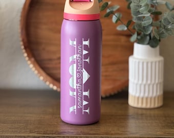 Custom Engraved MOM Water Bottle | Kids Names Heart Design, Owala FreeSip
