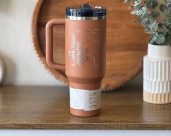 Custom Dentist Stanley Tour -  Leak Proof Lid - Tooth & Floral Design - Personalized Dental Hygienist Gift - Medical Tumbler