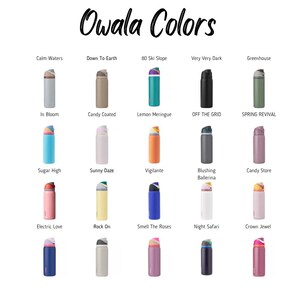 a collection of colorful water bottles, each with a unique color and design, arranged in a grid format.