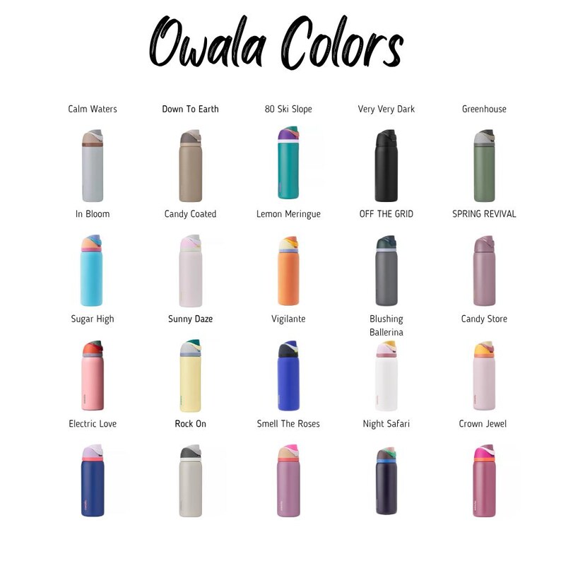 a collection of colorful water bottles, each with a unique color and design, arranged in a grid format.