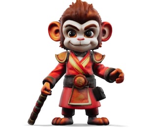 May include: A detailed figurine of a cartoon monkey character. The monkey is wearing a red and gold outfit with a matching staff. The figure has a smiling expression and is standing upright.