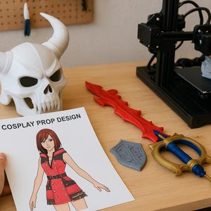 Könnte beinhalten: Eine weiße Schädelmaske mit Hörnern, ein rotes Schwert und ein gold-blaues Keyblade liegen auf einer Holzoberfläche. Ein 3D-Drucker ist sichtbar, zusammen mit gedruckten Schild-Requisiten. Eine Zeichnung mit der Aufschrift "COSPLAY PROP DESIGN" ist ebenfalls vorhanden.
