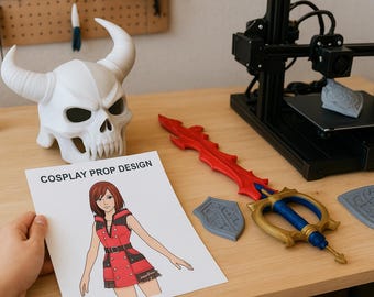 May include: A white skull mask with horns, a red sword, and a gold and blue keyblade are displayed on a wooden surface. A 3D printer is visible, along with printed shield props. A drawing labeled "COSPLAY PROP DESIGN" is also present.