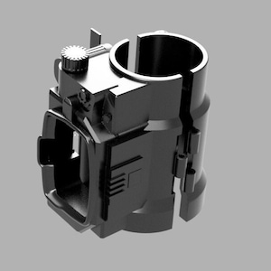 May include: A black metal camera mount with a rotating knob and a clamp that can be adjusted to fit different sizes of pipes.