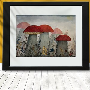 Original whimsical Forest of mushrooms. Goblincore decor print at home. Cottagecore and Fairycore printable. Crowcore decor.