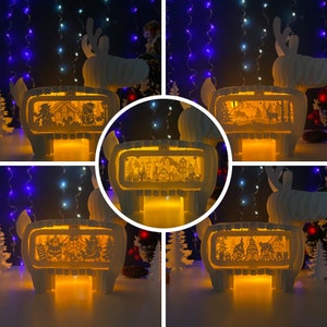 Pack 5 Weihnachten Pop-Up Vorlage, Rentier Pop-Up SVG für Cricut-Projekte, 3D-Papierschnitt Light Box Scheibenform, DIY Rentier-Nachtlicht