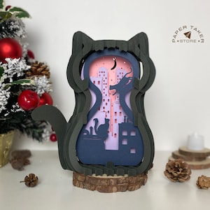 Modèle pop-up Cat City, SVG pop-up chat pour projets Cricut, découpe de papier 3D en forme de tranche de boîte à lumière, lumière de nuit chat bricolage