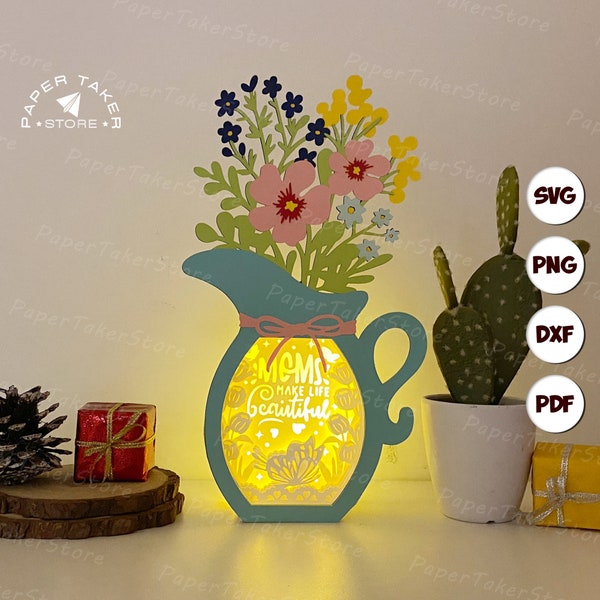 Mom 3 Flower Vase Box pop up svg template, Mom vase pop up svg for cricut projects, sliceform paper cut lightbox, sphere pop up DIY