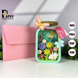 Modelo SVG de cartão pop-up de pote de vidro com flores, recorte de papel 3D, lanterna de papel com flores, arquivo SVG de corte de lanterna de papel para Cricut, design de vela floral