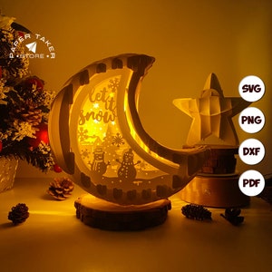 Modèle pop-up Noël bonhomme de neige, lune pop-up SVG pour projets Cricut, découpe de papier 3D en forme de tranche de boîte à lumière, lumière de nuit lune bricolage