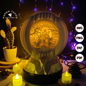 Modèle pop-up Halloween, globe pop-up SVG pour projets Cricut, forme de tranche de boîte à lumière papercut 3D, veilleuse globe bricolage