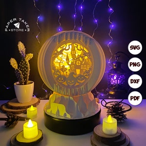 Modèle pop-up maison effrayante, globe pop-up SVG pour projets Cricut, forme de tranche de boîte à lumière papercut 3D, veilleuse globe bricolage
