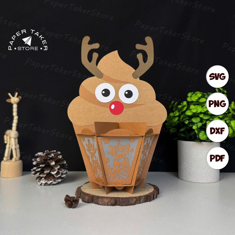 Lantern Cupcake Reindeer SVG for Cricut Projects, 3D Papercut Light Box