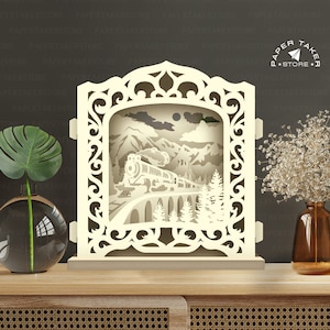 Modèle pop-up ancien train, SVG pop-up pour projets Cricut, découpe de papier 3D en forme de tranche de boîte à lumière, veilleuse pop-up DIY