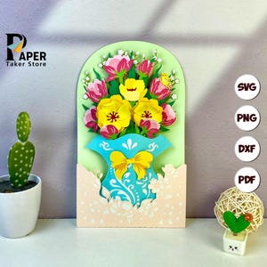 Plantilla SVG de tarjeta emergente con florero, corte de papel 3D, linterna de papel con flores, archivo de corte SVG de linterna de papel para Cricut, diseño de vela de té floral 2