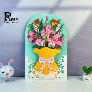 Plantilla SVG emergente de tarjeta con florero, corte de papel 3D, linterna de papel con flores, archivo de corte SVG de linterna de papel para Cricut, diseño de velas de té florales
