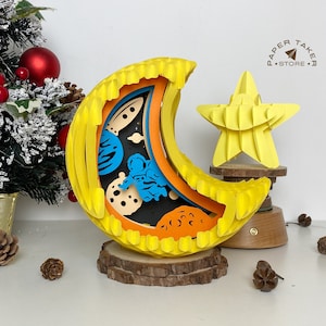 Modèle pop-up astronaute, lune pop-up SVG pour projets Cricut, forme de tranche de boîte à lumière papercut 3D, veilleuse lune bricolage