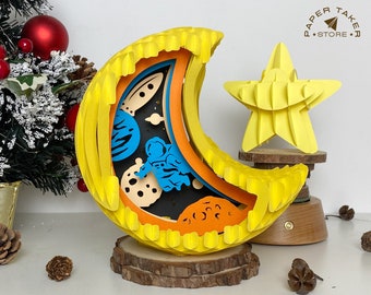 Astronaut Pop-Up Template, Moon Pop-Up SVG for Cricut Projects, 3D Papercut Light Box Sliceform, DIY Moon Night Light