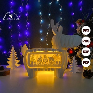 Plantilla de gnomo emergente, SVG emergente de reno para proyectos de Cricut, caja de luz 3D con forma de rebanada, luz nocturna de reno DIY