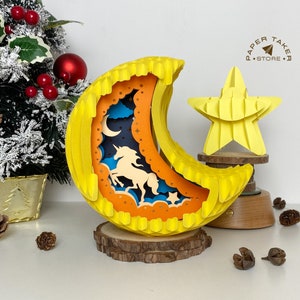 Modèle pop-up licorne, lune pop-up SVG pour projets Cricut, découpe de papier 3D en forme de tranche de boîte à lumière, lumière de nuit lune bricolage