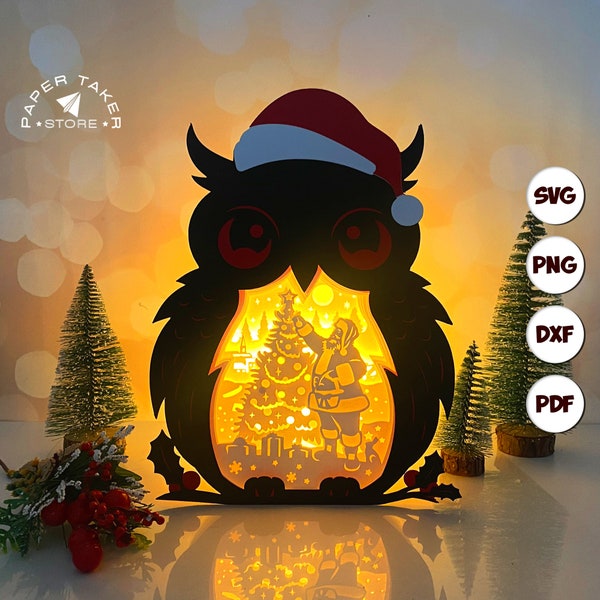 Christmas Santa 1 Owl Box SVG for Cricut Projects, 3D Papercut Light Box Sliceform, DIY Owl Box Night Light