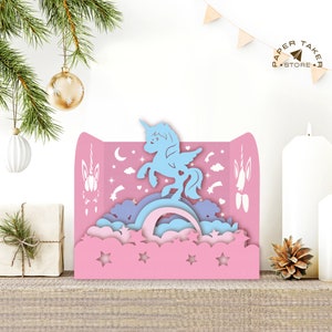 Plantilla SVG emergente de unicornio, miniescaparate de unicornio emergente SVG para proyectos de Cricut, caja de luz de corte de papel Sliceform, esfera emergente DIY