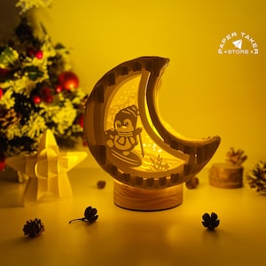 Modèle pop-up pingouin, lune pop-up SVG pour projets Cricut, découpe de papier 3D en forme de tranche de boîte à lumière, lumière de nuit lune bricolage