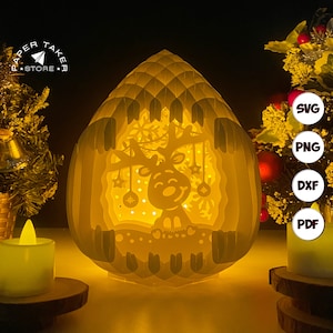 Modèle pop-up renne de Noël, SVG pop-up gouttelettes pour projets Cricut, découpe de papier 3D en forme de tranche de boîte à lumière, veilleuse bricolage gouttelettes