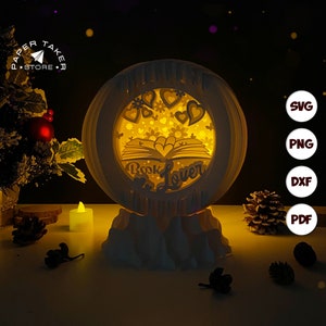 Modèle pop-up jour des amoureux des livres, SVG pop-up globe pour projets Cricut, découpe de papier 3D en forme de tranche de boîte à lumière, veilleuse globe bricolage
