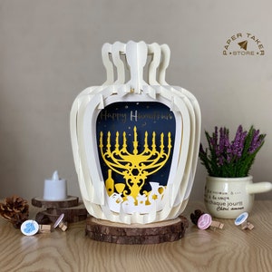 Tarjetas 3D desplegables para jarrones de Hanukkah, lámpara de papel DIY / Caja de sombras Sliceform / Plantilla de corte de papel PDF SVG / Archivos de corte de caja de luz / Manualidades en papel 3D