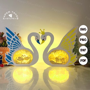 Caja SVG de pareja de cisnes Love 2 para proyectos de Cricut, caja de luz 3D Papercut Sliceform, caja de luz nocturna DIY de pareja de cisnes
